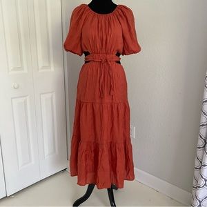 by the river anthropologie M cut out puffer sleeve BoHo maxi dress tiered lined